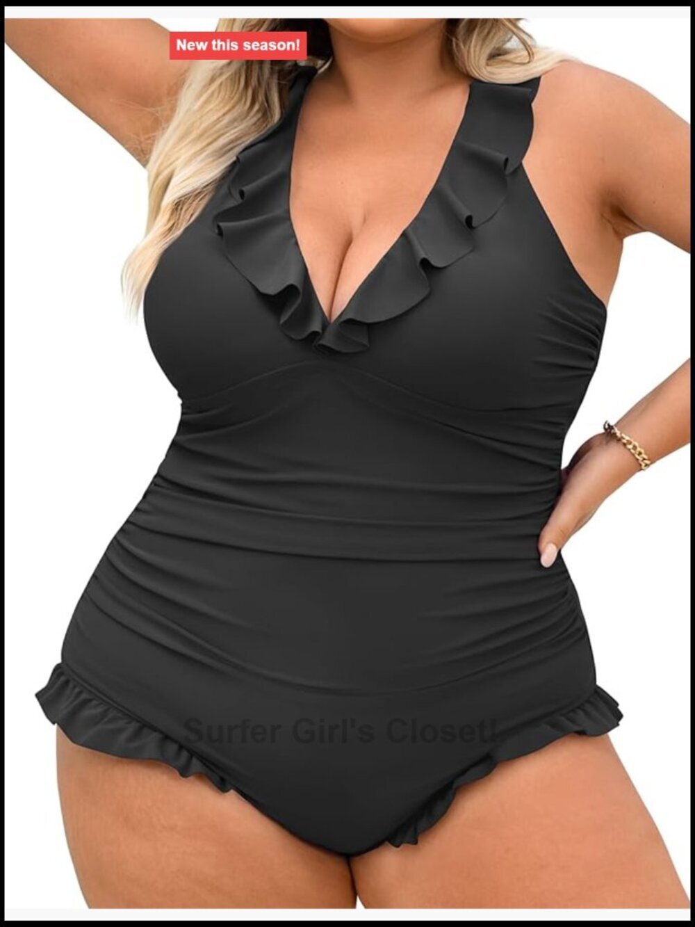 Plus Size One Piece Swimsuit Deep V Ruffle Neck Tummy Control